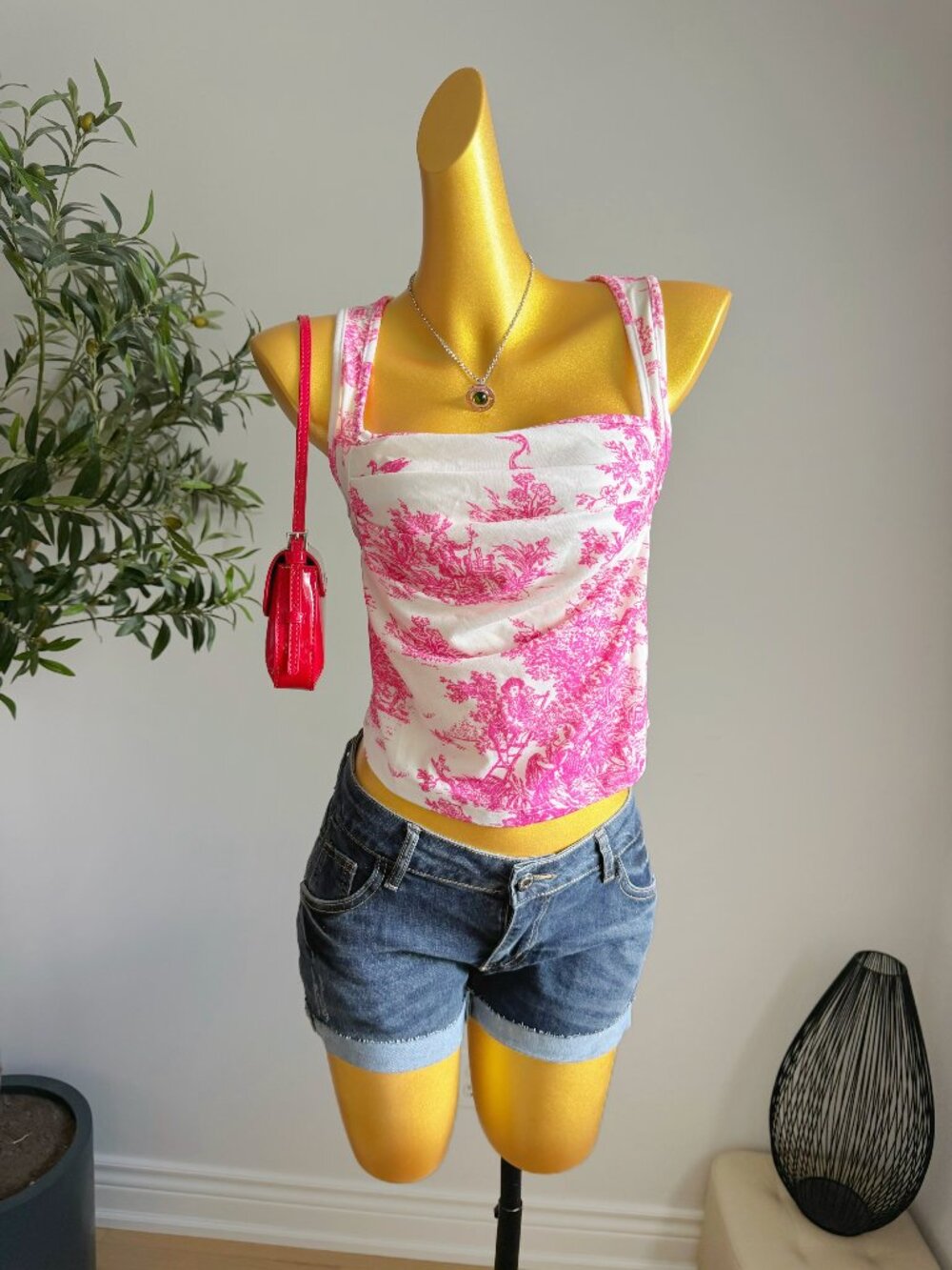 CIDER Pink Toile Print Square Neck Tank Top Size Medium NWT